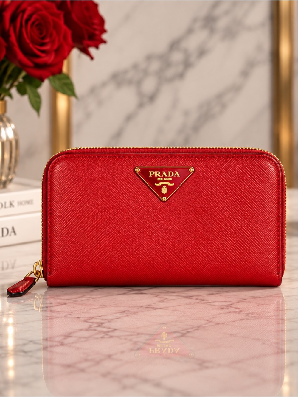 Prada Red Saffiano Leather Zip Around Wallet Gold Logo Full Inclusion